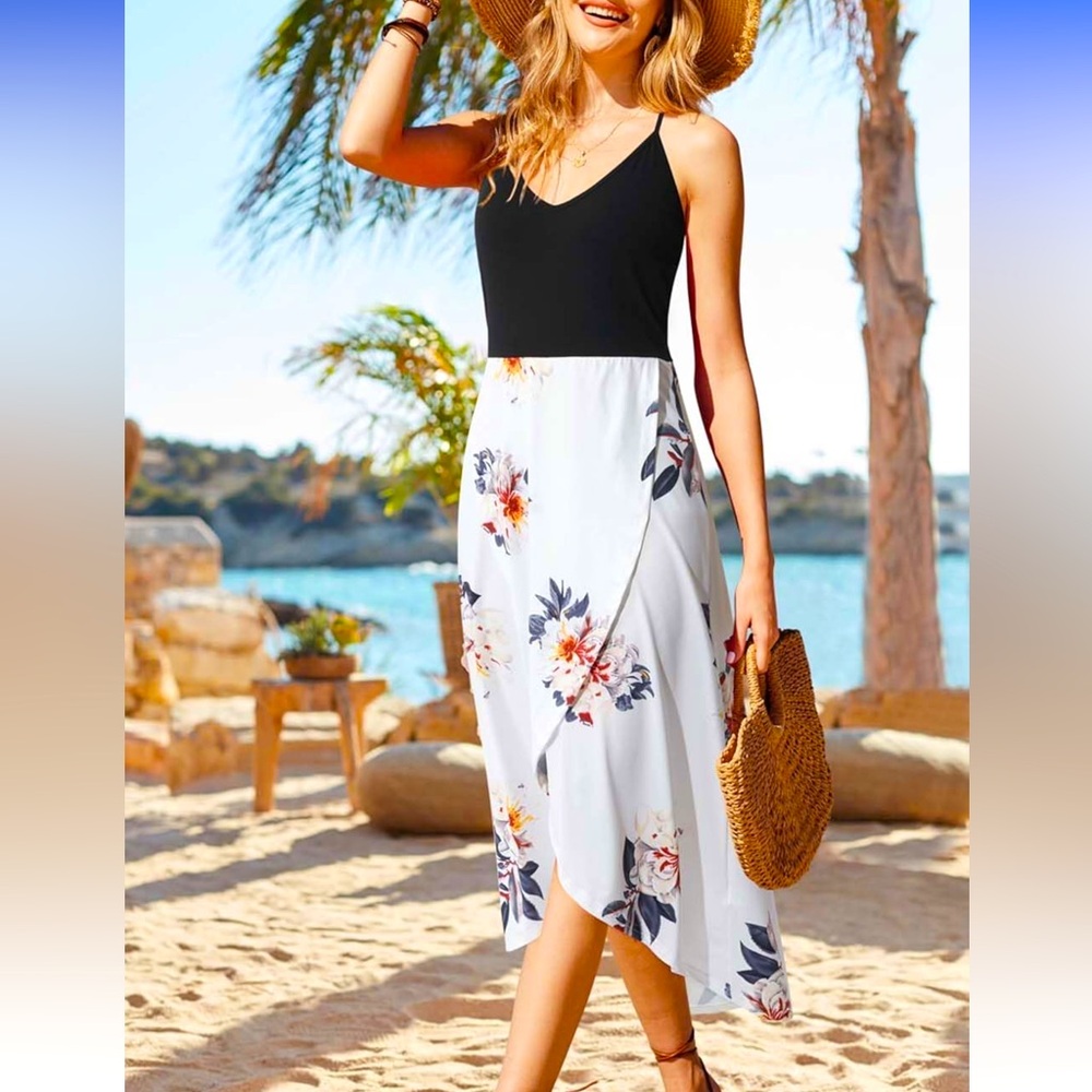 FLORAL HIGH-LOW SUNDRESS PLUS XXL WOMENS WHITE BLACK STRETCH SPAGHETTI STRAP